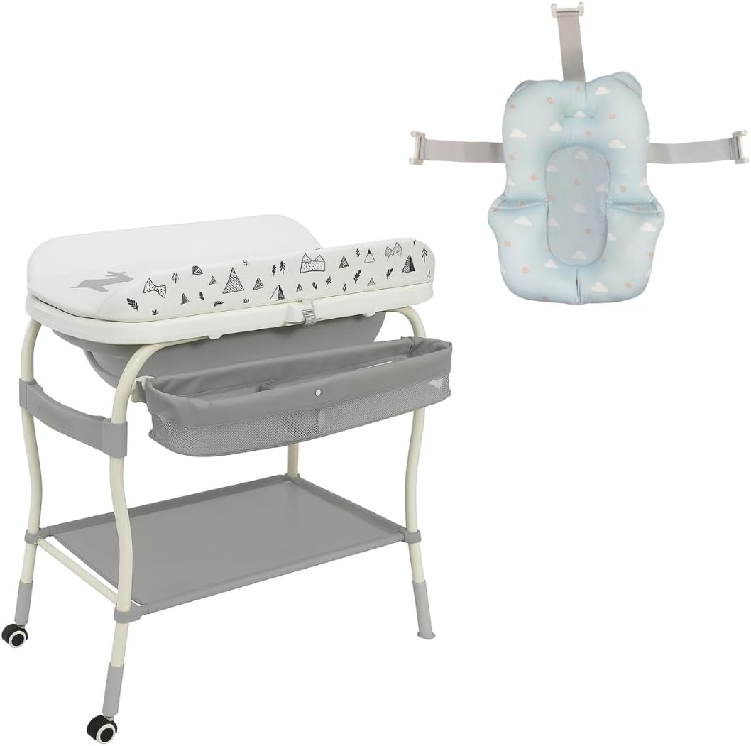 LiftNest 2-in-1 Baby Bathtub with Changing Table and Stand, Storage Basket and Tray, Waterproof Design, Adjustable Height, Water Temperature reader, Base Wheels with Wheel Locks (With Bath Pillow)