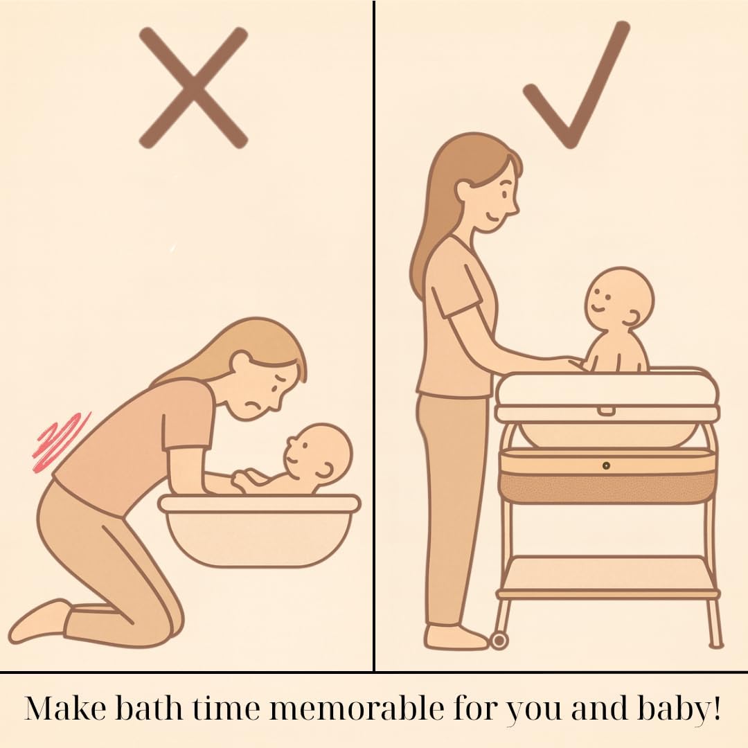 LiftNest 2-in-1 Baby Bathtub with Changing Table and Stand, Storage Basket and Tray, Waterproof Design, Adjustable Height, Water Temperature reader, Base Wheels with Wheel Locks (With Bath Pillow)