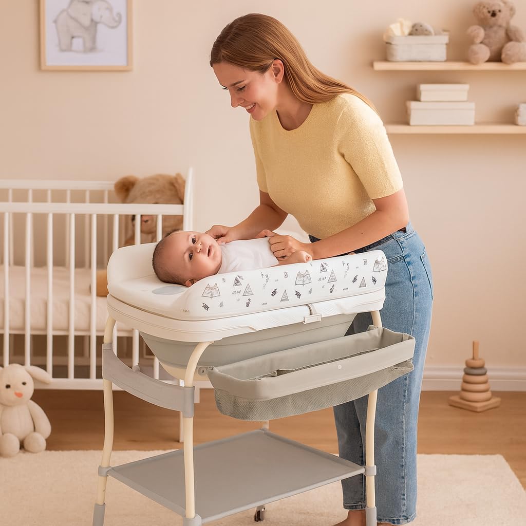 LiftNest 2-in-1 Baby Bathtub with Changing Table and Stand, Storage Basket and Tray, Waterproof Design, Adjustable Height, Water Temperature reader, Base Wheels with Wheel Locks (With Bath Pillow)