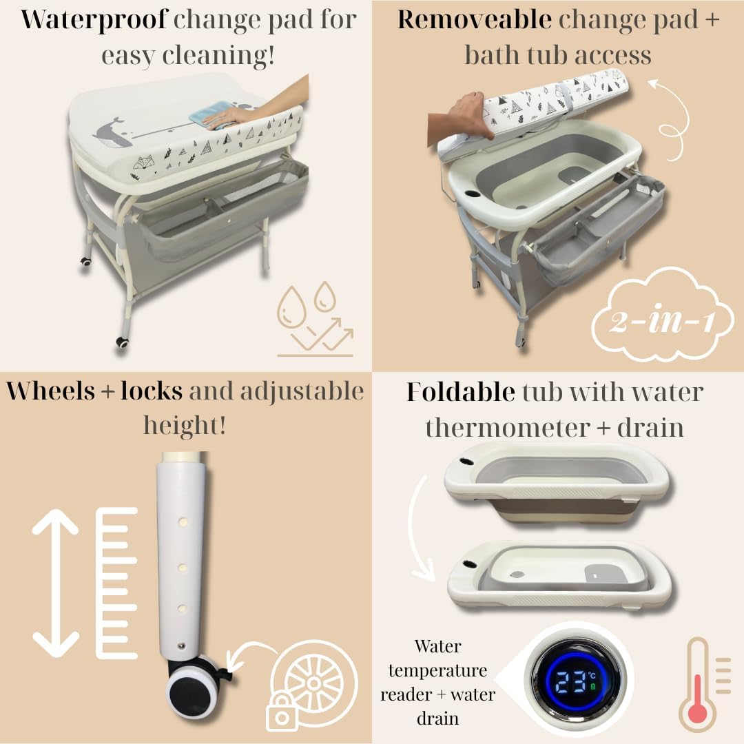 LiftNest 2-in-1 Baby Bathtub with Changing Table and Stand, Storage Basket and Tray, Waterproof Design, Adjustable Height, Water Temperature reader, Base Wheels with Wheel Locks (With Bath Pillow)