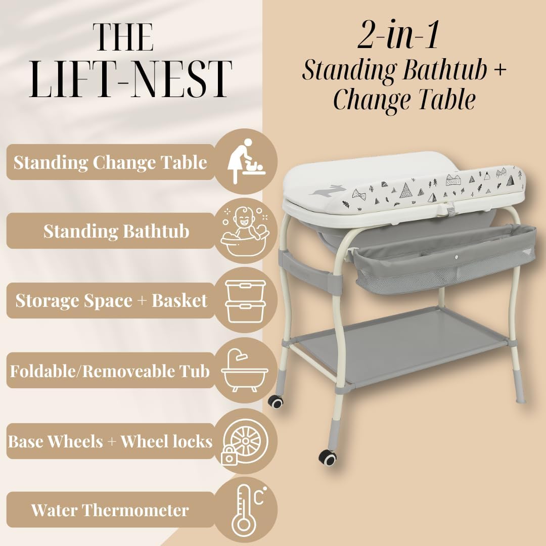 LiftNest 2-in-1 Baby Bathtub with Changing Table and Stand, Storage Basket and Tray, Waterproof Design, Adjustable Height, Water Temperature reader, Base Wheels with Wheel Locks (With Bath Pillow)
