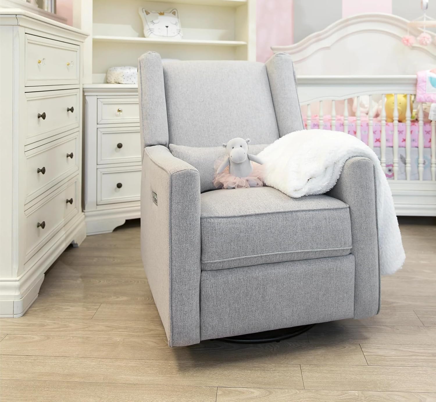Contour Pedic Electronic Swivel Recliner Glider, Upholstered Glider with USB Port, Easy Assembly, Water-Stain Resistant Performance Fabric, Ultra-Soft and Highly Comfortable for Nursery Room Grey