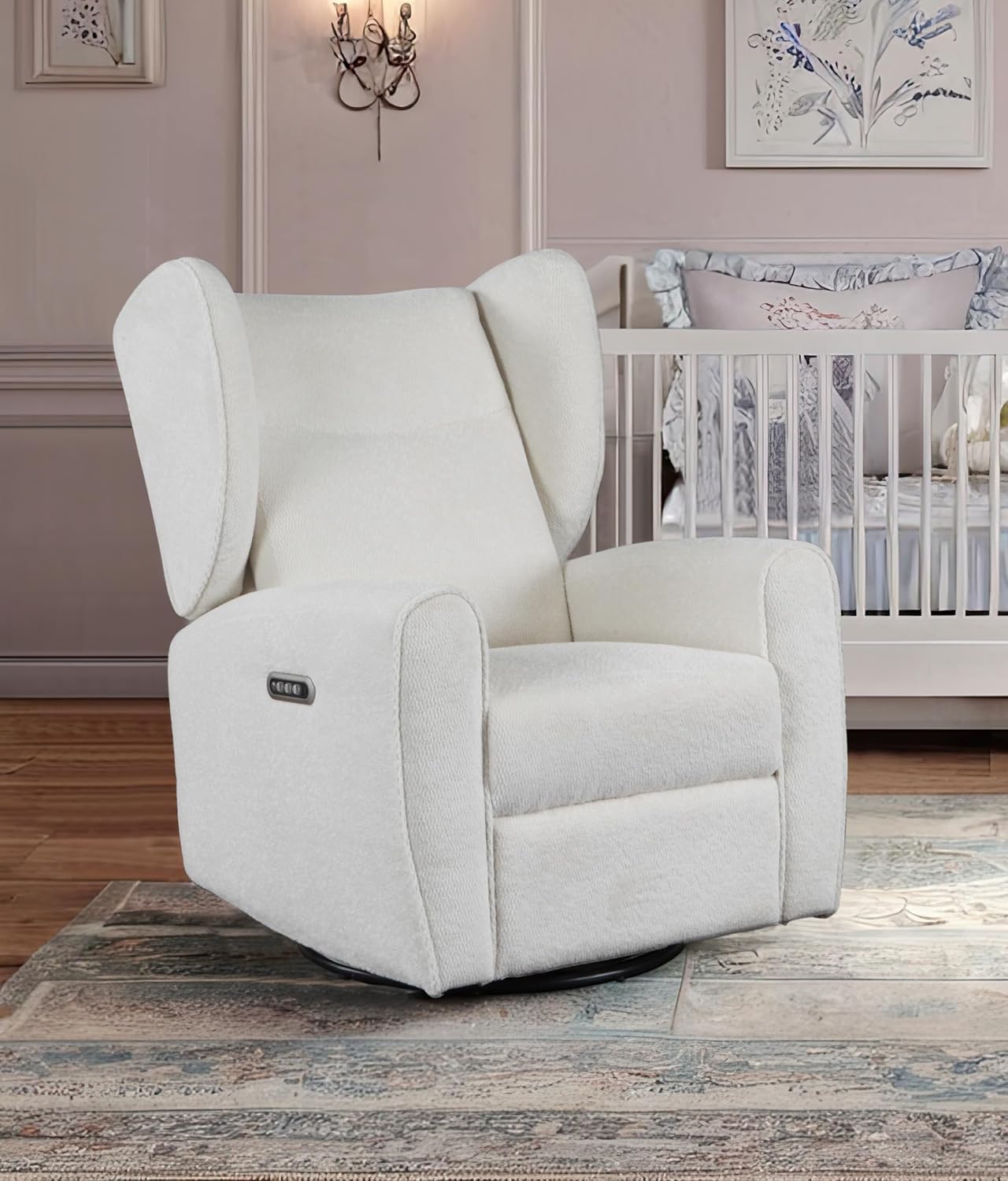 Cloud Nursery Power Swivel Recliner Glider, Electronic Control + USB Charging Port, Ultra-Soft Stain-Resistant Performance Fabric, Full Recline + Adjustable Headrest/Lumbar Support (Ivory)